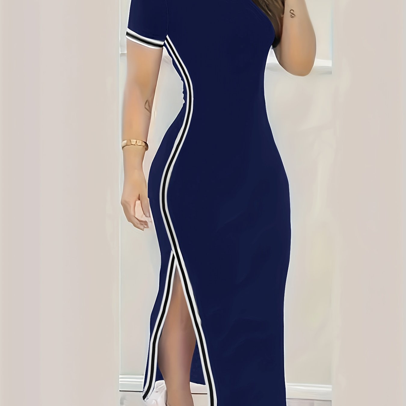 Contrast Trim Split Hem Bodycon Dress, Short Sleeve Crew Neck Casual Dress, Women's Clothing For Party Dressing