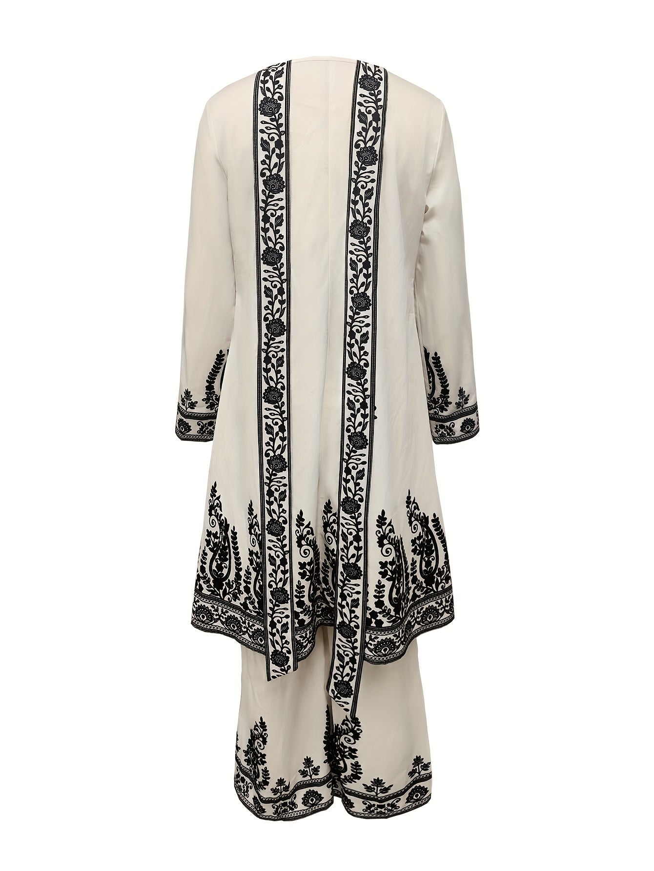 Women'S Loose Fit Ensemble Set with Floral Pattern - Elegant Long Sleeve Dress & Traditional Jewelry, Beige with Black & White Design, Perfect for Spring/Fall, Cultural Wear|Elegant Evening Wear|Polyester Ensemble