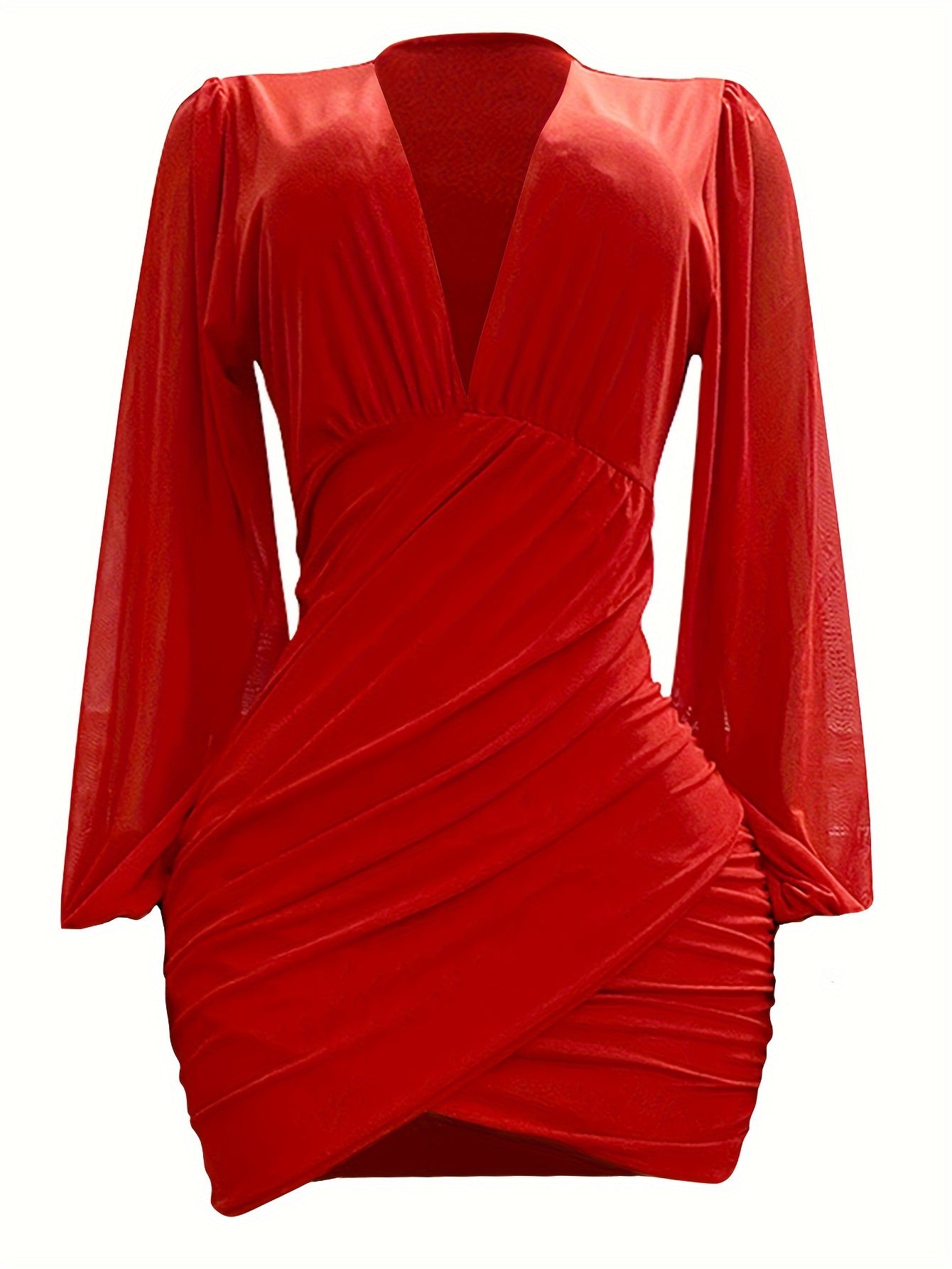 Elegant Asymmetrical V-Neck Mini Dress with Lantern Sleeves, Sheer Mesh Detail, and High Stretch Polyester Spandex Blend - Hand Washable, Sexy, Long Sleeve, Waist-Cinched