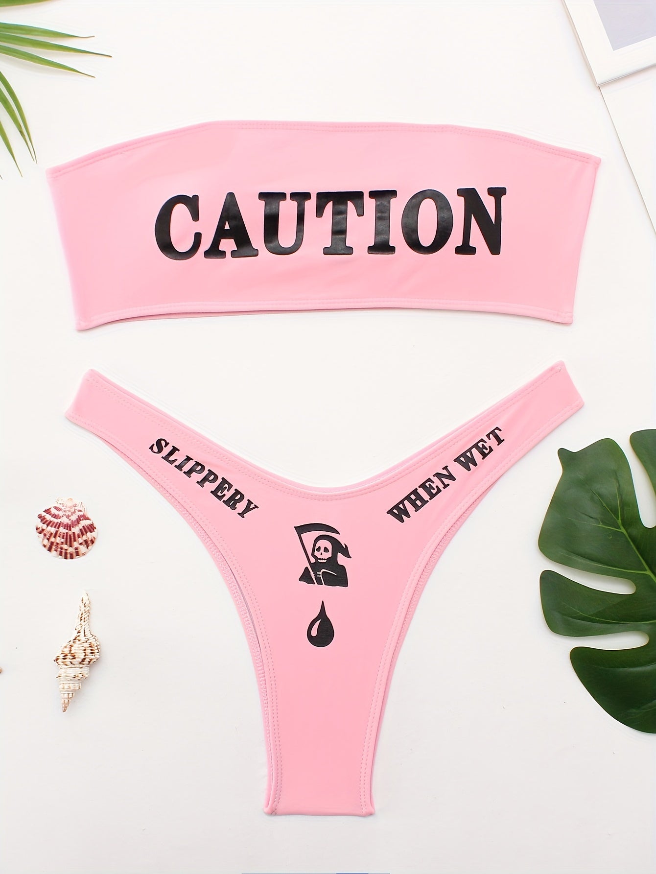 2 Piece Bandeau Letter Print Bikini Set - Stretchy High Cut Swimsuits with Applique Details, Polyester Material, and Machine Washable - Customized Alphabet Print Swimwear for Women