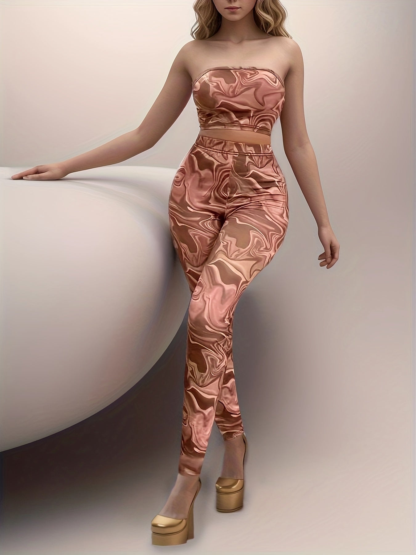 Tie Dye Sexy Set, Crop Slim Fit Strapless Top & Skinny Fit Pants, Women's Clothing