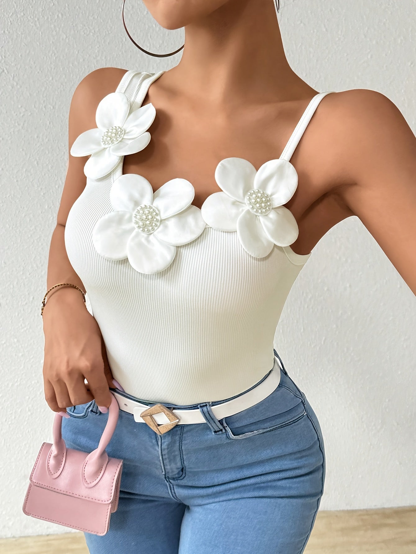 Stunning 3D Floral Applique Camisole - Sleek Asymmetrical Strap, Sleeveless, Breathable, Comfortable, Stylish Top for Spring & Summer - Women's Fashion Clothing for Everyday Wear