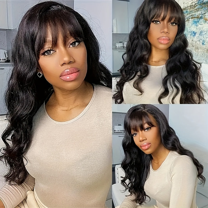 150% Density 100% Brazilian Virgin Human Hair Wig - Long Body Wavy with Bangs, Glueless Full Machine Made, Natural Black #1B - Perfect Gift for Women, New Year, Birthday & Valentine's Day