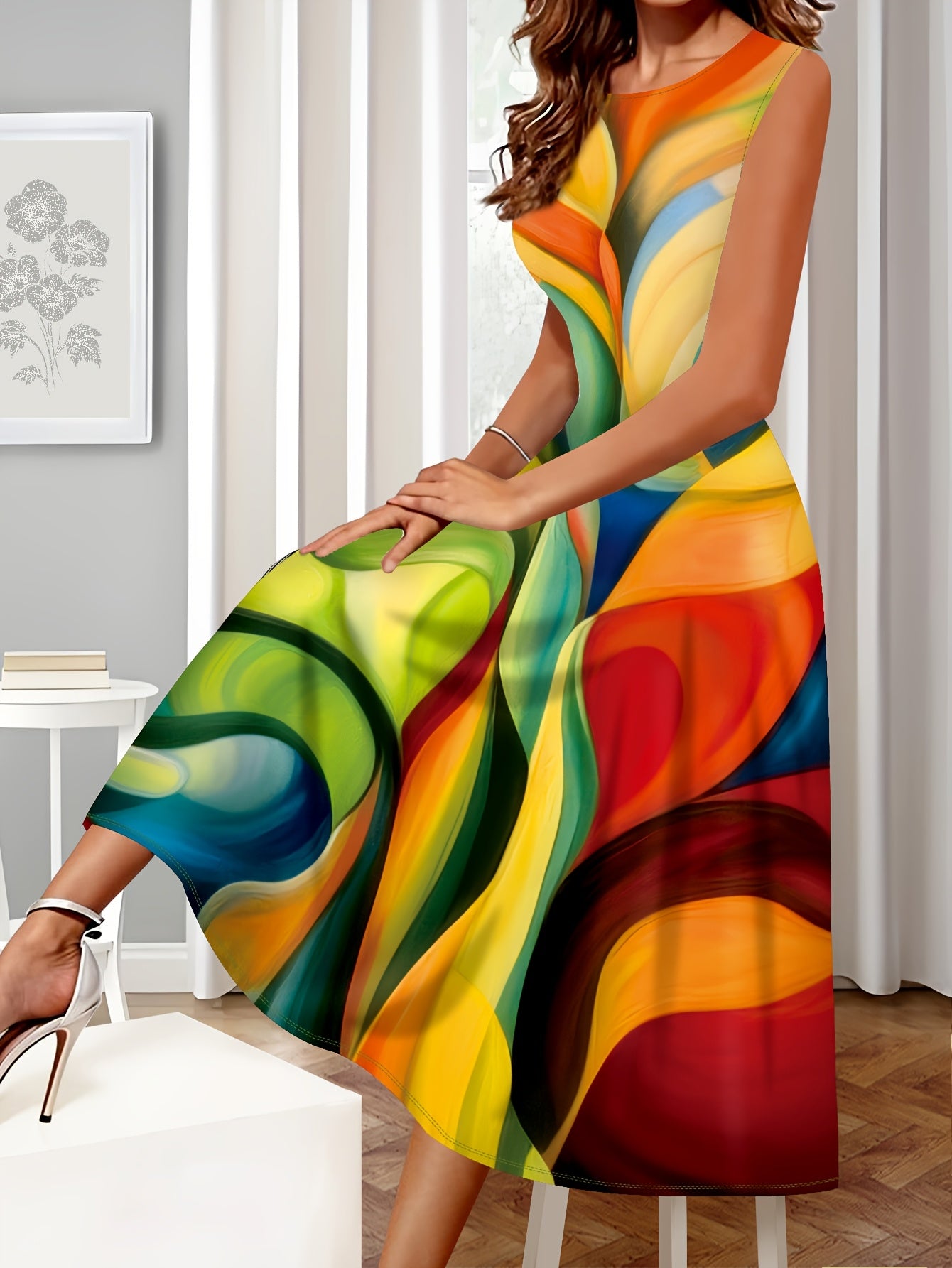 [Elegant Maxi Dress] 1pc Elegant Geometric Abstract Print Polyester Maxi Dress, Sleeveless Round Neck Knit A-Line Long Dress with Umbrella Hem for Women, All Seasons, 100% Stretchy