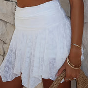 Women's Floral Lace-Embellished Solid Color Casual Short Skirt - Asymmetric Frill Hem, Ruched Low-Rise Waist with Soft Lining, Machine Washable Mini Skirt for All-Season Wear, Cute Skirts, Sheer Fabric