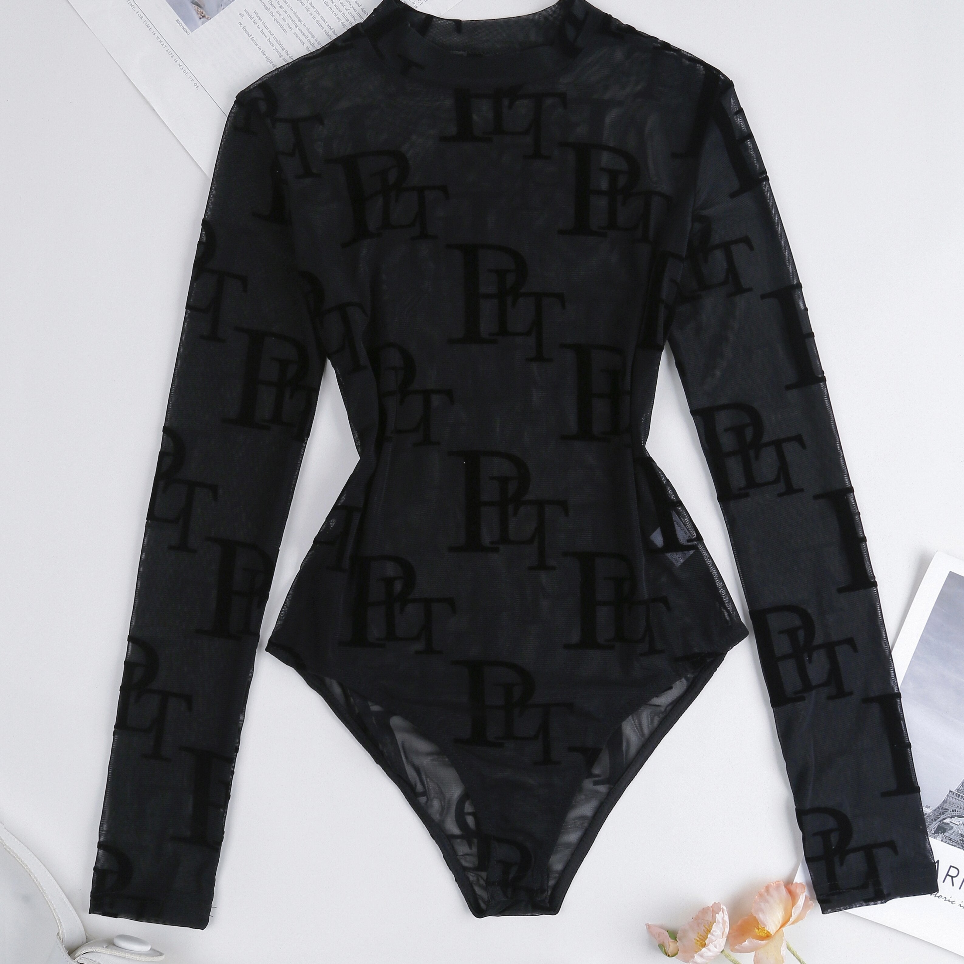 Letter Print Crew Neck Bodysuit, YOUNG Long Sleeve Mesh One Piece Bodysuit, Women's Clothing