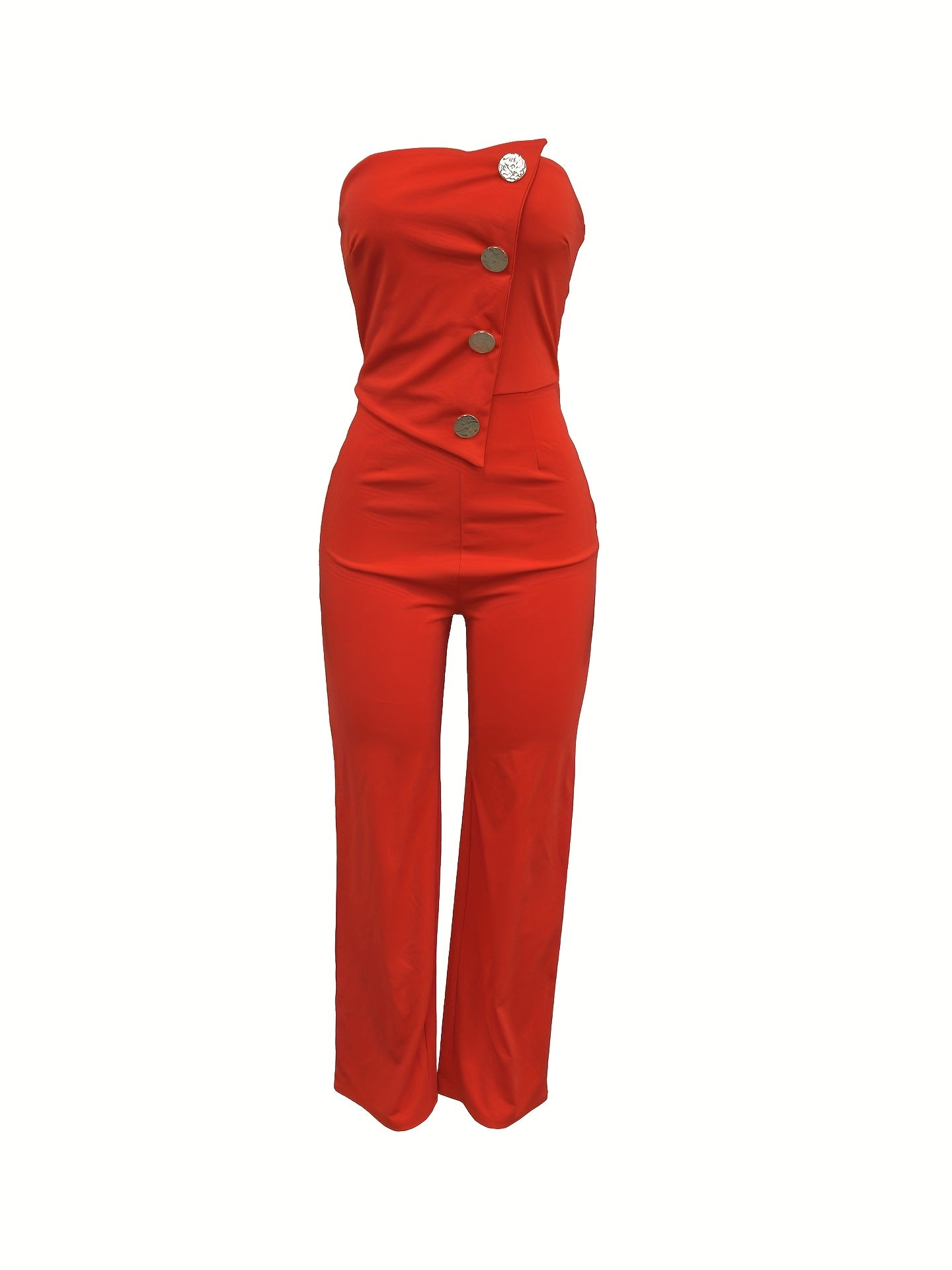 Elegant Women's Sleeveless Button Jumpsuit - Chic One-Shoulder Design, Flared Leg Pants, Polyester Blend, Machine Washable, Perfect for Spring/Summer