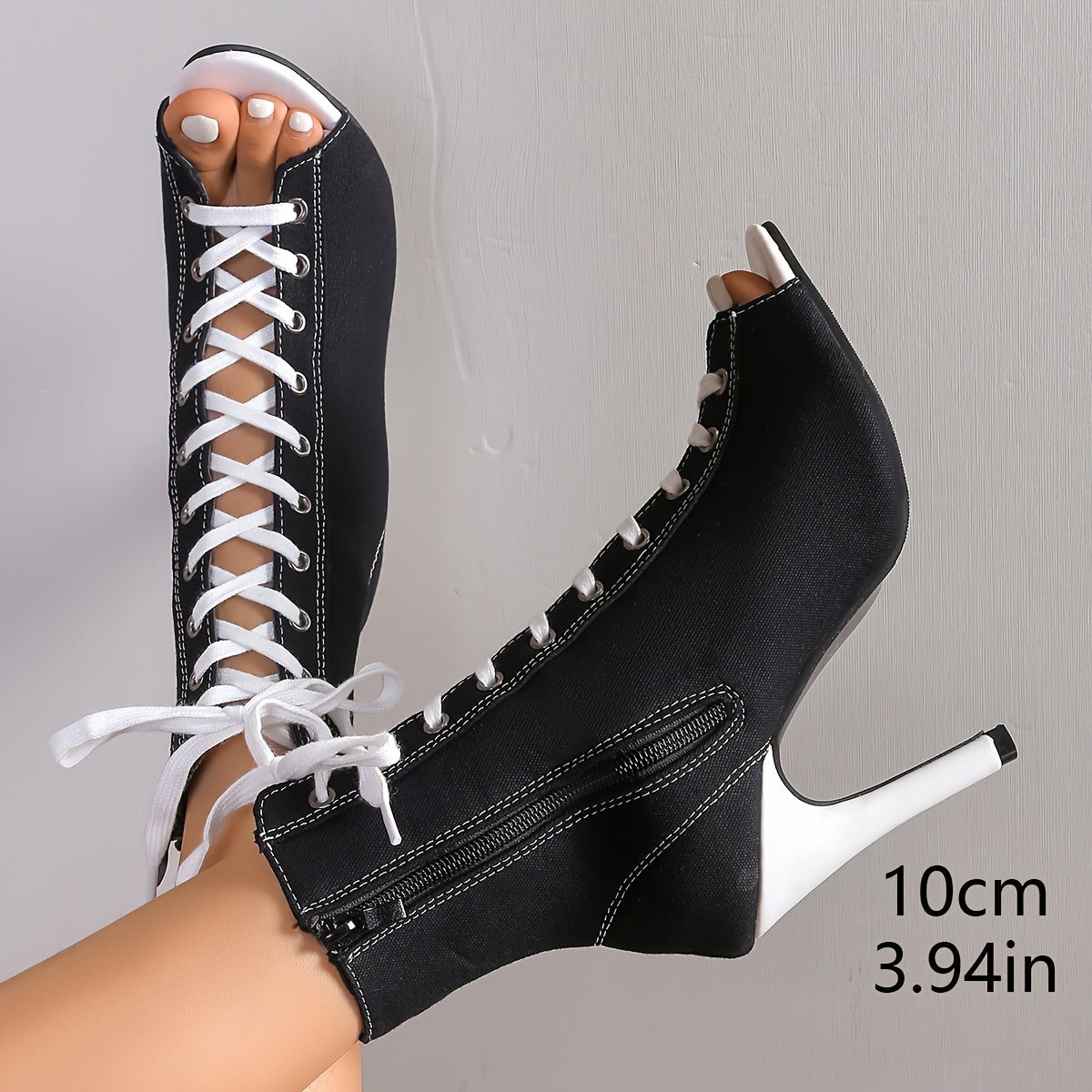 Women's Black Ankle Boots with Lace-Up, High Stiletto Heels & Peep Toe Design - Summer Fashion Shoes for Stylish Occasions, Chic Daywear Boots | Laceup Boots | Fabric Upper Boots, High Heel Boots