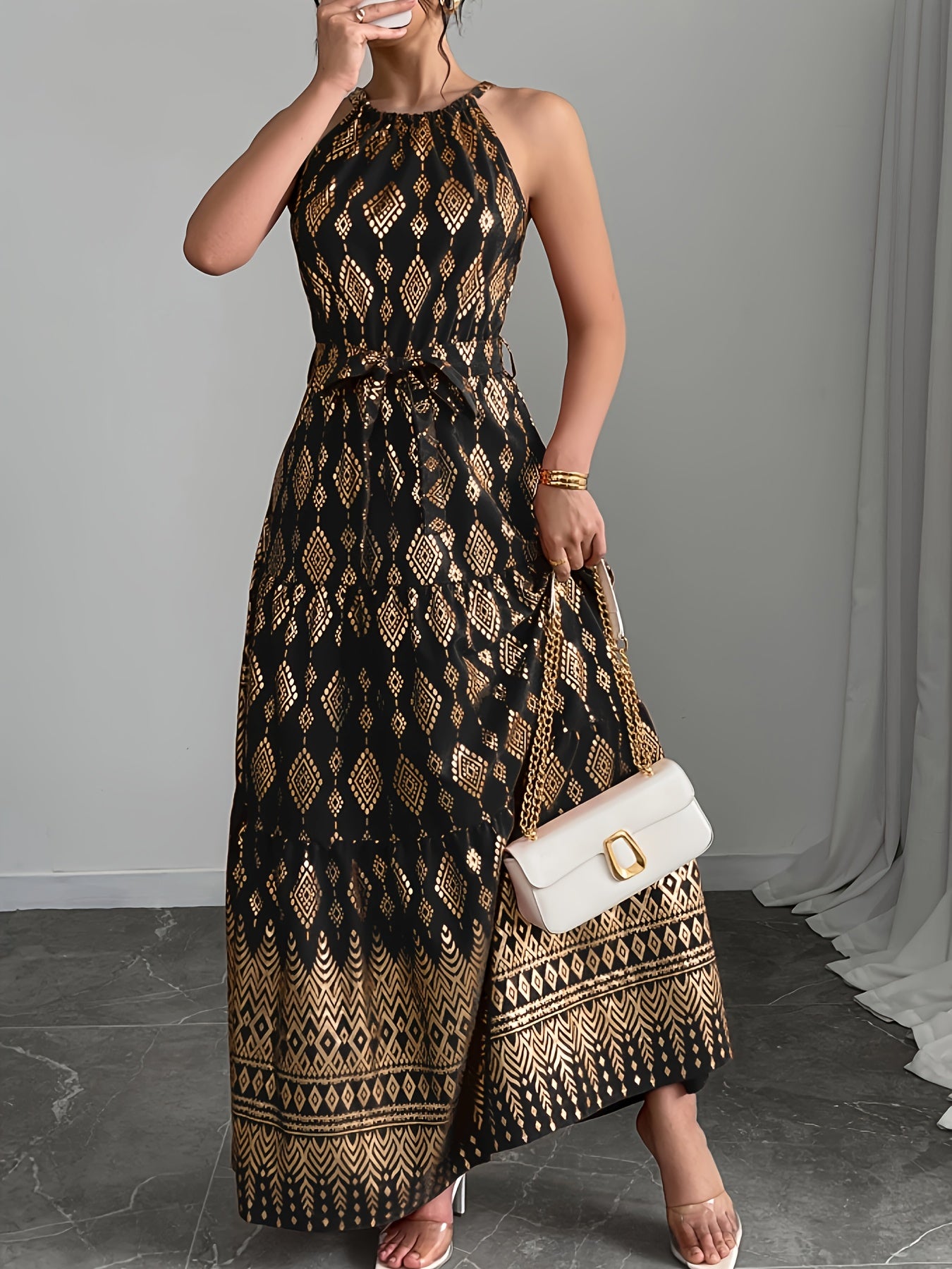 Women's Red Geometric Print Halter Neck Sleeveless A-Line Maxi Dress - Tie Waist, Vacation Style, Lightweight Polyester for Spring/Summer