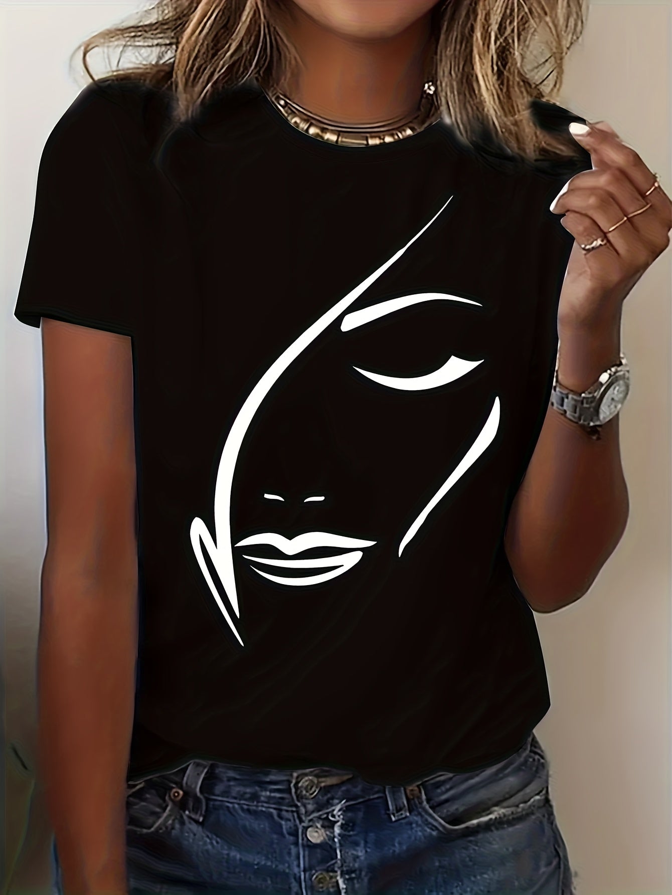 Women's Anime Face Graphic Cotton T-Shirt - Soft Breathable Round Neck Short Sleeve, Loose Fit Casual Top for Spring/Summer, Machine Washable Everyday & Party Wear, Everyday Tshirt | Artistic Print Shirt | Cotton