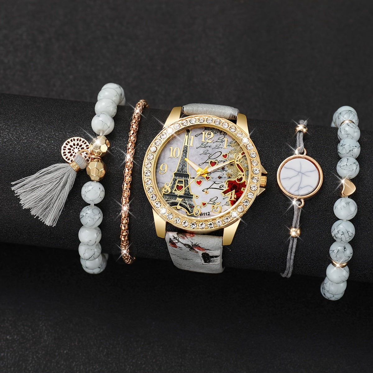 [Popular Choice] Ladies' Fashion Quartz Wristwatch with Digital Eiffel Tower Dial and Bracelet Set, 5pcs - Faux Leather Strap, Alloy Case, Non-Rechargeable Button Battery
