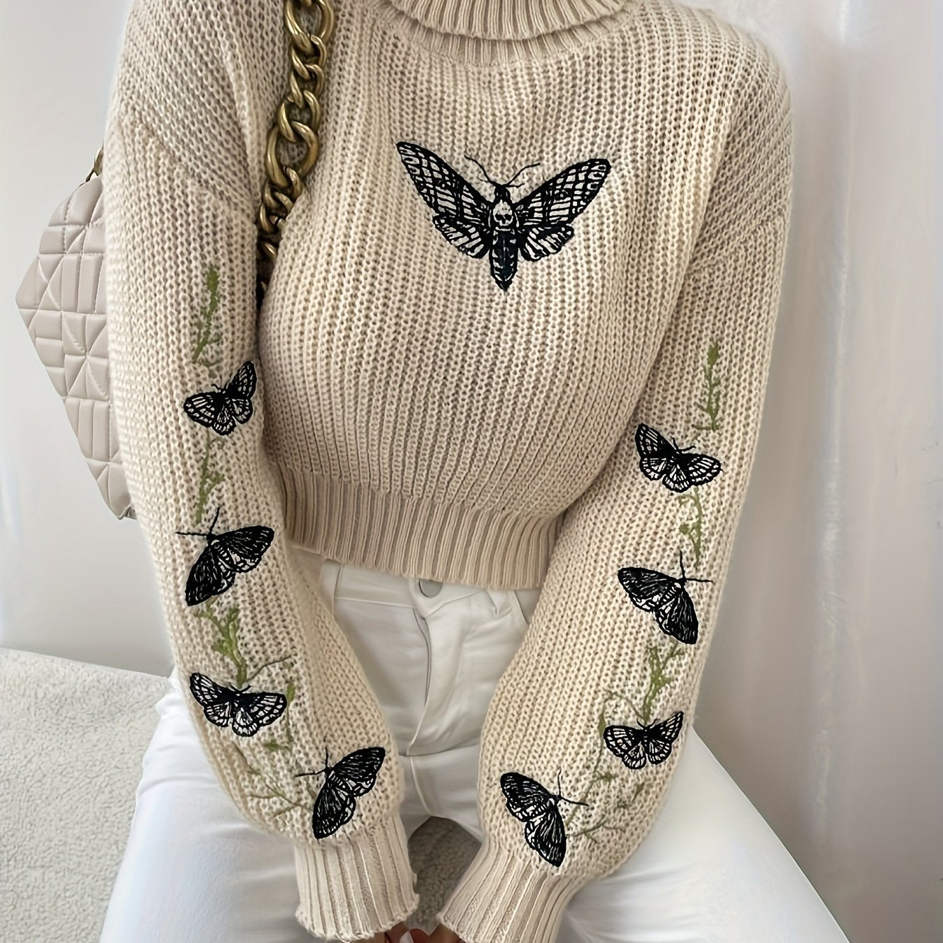 Winter Warmth] Elegant Pink Butterfly Sweater for Women - Cozy Turtleneck, Long Sleeve, 100% Polyester Knit Pullover, Casual Style, Perfect for Fall/Winter