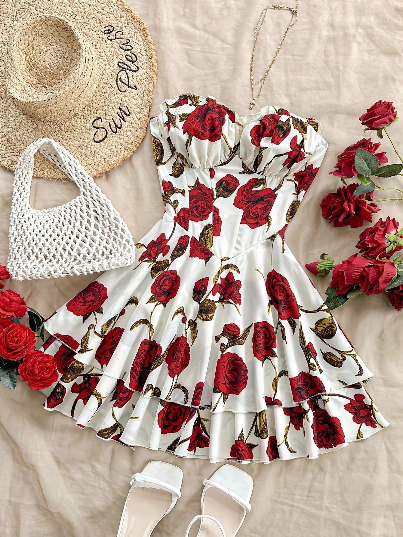 Flowing Fit, Romantic Off-Shoulder Floral Layered Dress - Perfect Valentine's Day Gift, Polyester and Spandex Blend, Machine Washable, Ideal for Vacation, Vacation Sundress|Floral Layered Design|Polyester Spandex Blend