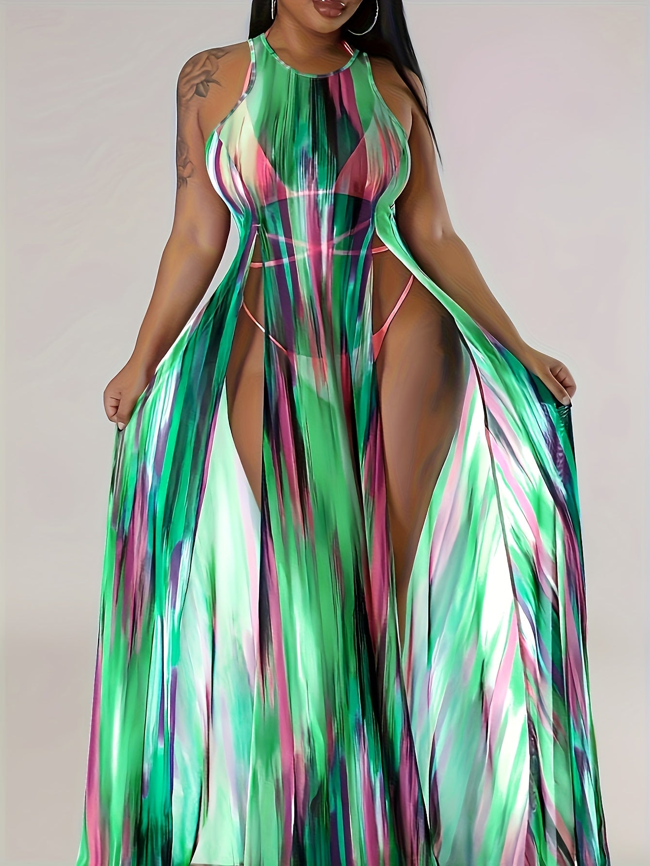 Plus-Size Sexy Sheer Split Sleeveless Beach Cover-Up Dress