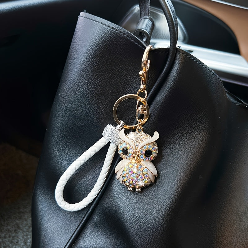 Rhinestone Owl Keychain - Cute Alloy Charm with Braided Rope, Sparkling Cartoon Owl Design, Perfect for Car Keys & Bags, Ideal Birthday Gift, Novelty Keychai