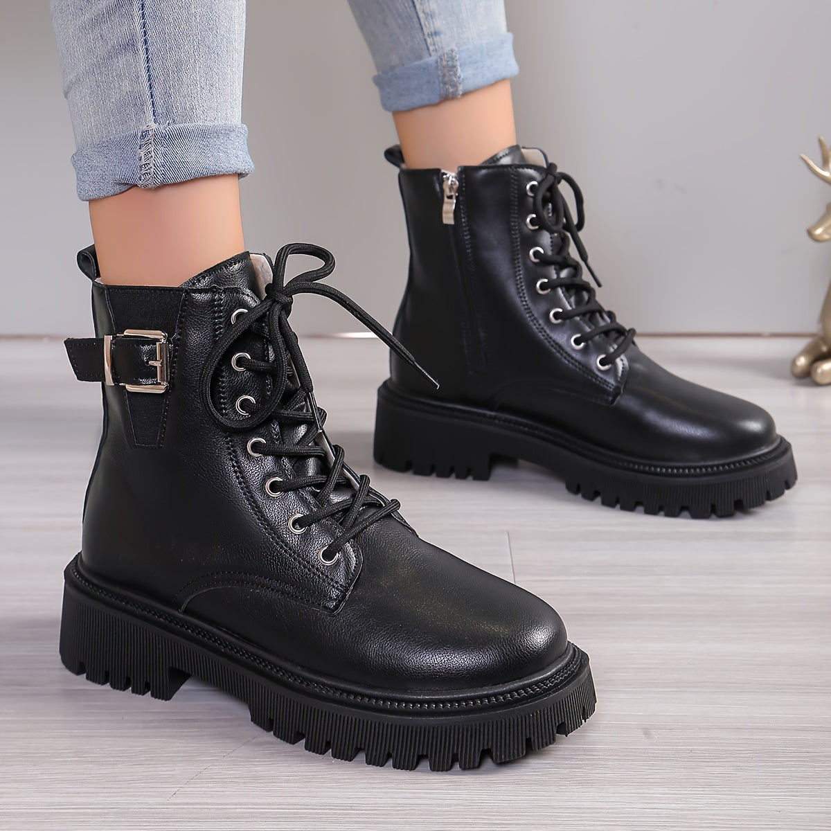 Women'S Fashion Ankle Booties - Mid Heel Platform Boots, Solid Color, Round Toe, Zipper Closure, Man-Made Upper, Fabric Inner & Insole, PU Sole, with Belt Buckle Detail