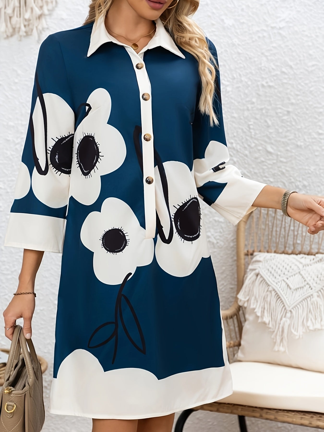 Women'S Elegant Lapel Button Long Sleeve Tunic Dress, Random Print, Polyester, 100g/m², Woven, for Adult, Spring/Summer/Fall