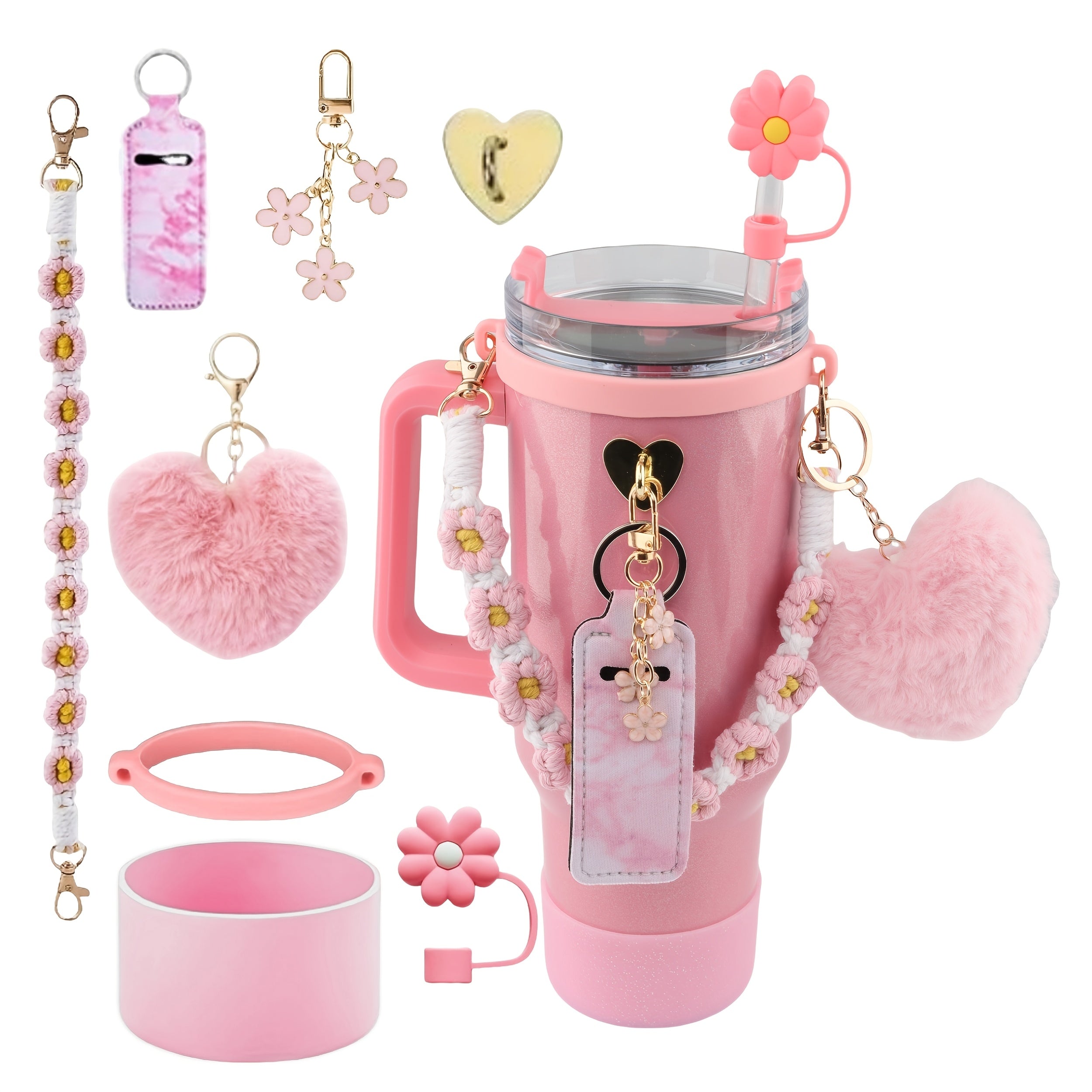 Exquisite 8pcs Cup Accessory Set 40 Ounces: Our Cup Accessory Set Includes Silicone Straw Cap, Rubber Cup Ring, Pearl Chain, Keychain, Bottle Boots, Heart-shaped Keychain, And Heart-shaped Hook, Stylish And Of Excellent Quali