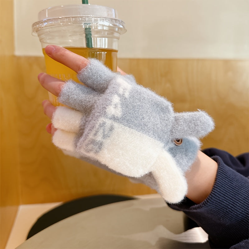 Women's Cute Cartoon Flip-Top Gloves, Winter Thickened Knit Mittens, Touchscreen Compatible, Breathable Nylon, Hand Wash or Dry Clean, Fashionable Ladies Gloves for Outdoor Use