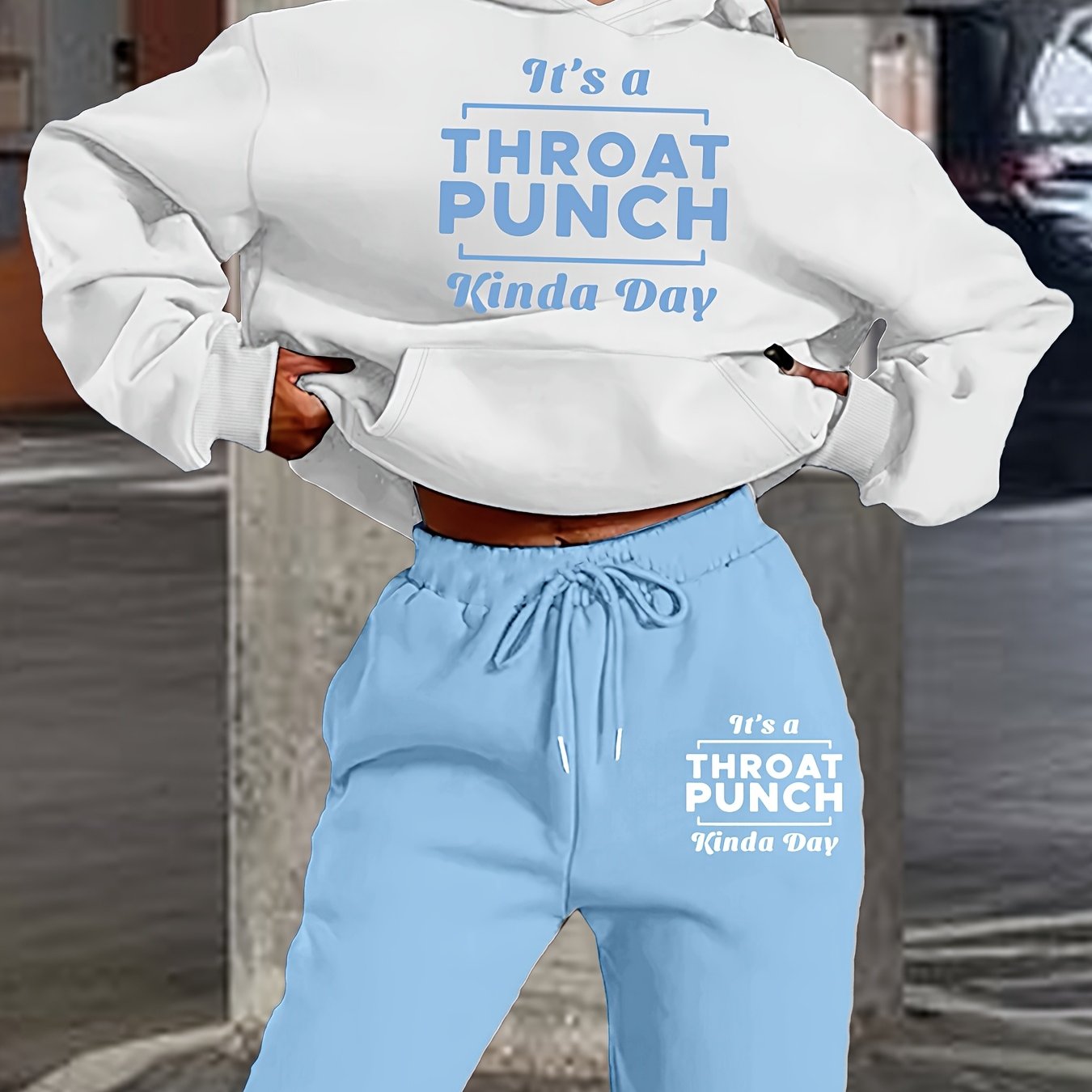 Women's Fashionable Athletic Two-Piece Set: White Hoodie with "THROAT PUNCH" Print & Blue Joggers with Drawstring - Casual, Trendy Streetwear, Polyester, Relaxed Fit Clothing|Playful Graphic Print|Glossy Fabric