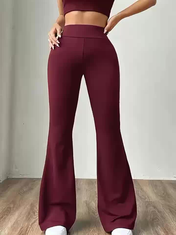 Women's High-Waisted Flare Pants | Burgundy Polyester-Spandex Blend | Stretchy, Non-Transparent | Machine Washable & Dry Clean Safe | Casual Style for All Seasons | Comfort Fit with Elastic Waistband, High Waisted Leggings