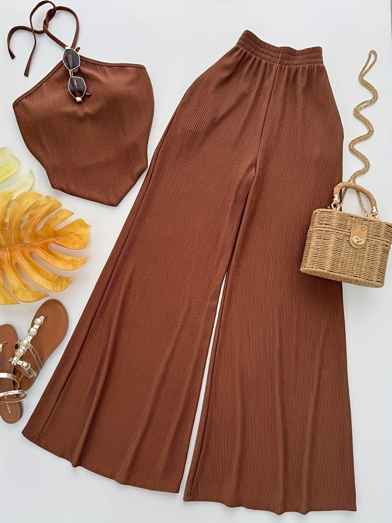 Summer Design Off-Shoulder Crop Top + Elastic Waist Flare Pants Set