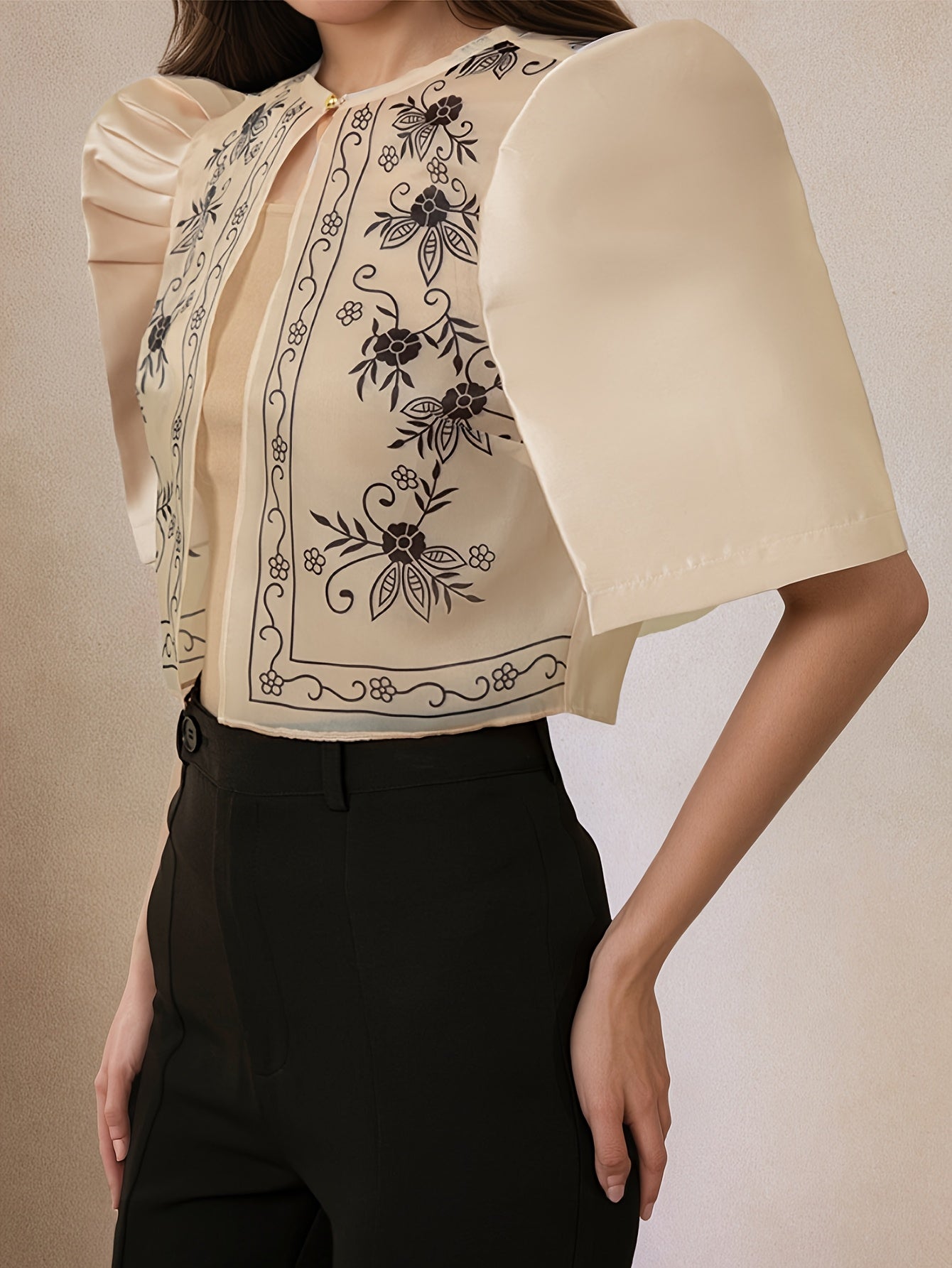 Women's Lightweight Floral Print Puff Sleeve Blouse - Semi-Sheer Round Neck Casual Chic Top for Work, Outings & Leisure | Spring Summer Machine Washable Shirt, Work Apparel | Elegant Design, Ladies Blouses