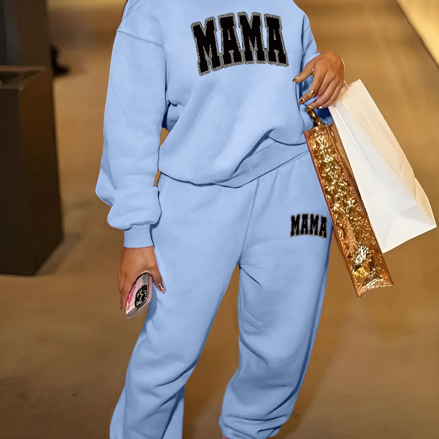 1set Women'S Casual Crew Neck Sweat Suit, Polyester Knit Fabric with Alphabet Pattern, Long-Sleeve Sweatshirt and Sweatpants Set for Fall/Winter