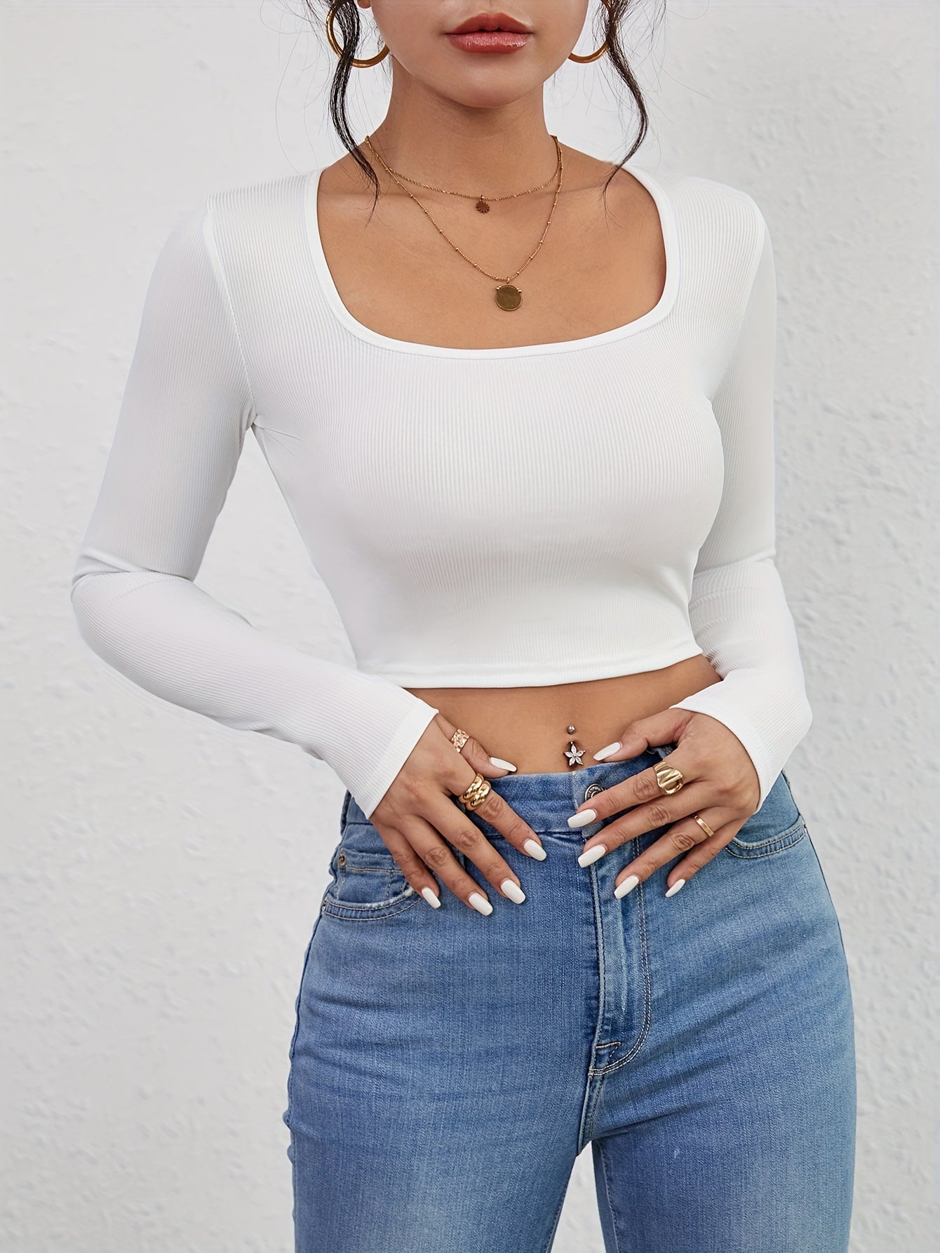 Squared Neck Cropped T-shirt, Casual Long Sleeve Solid T-shirt, Women's Clothing