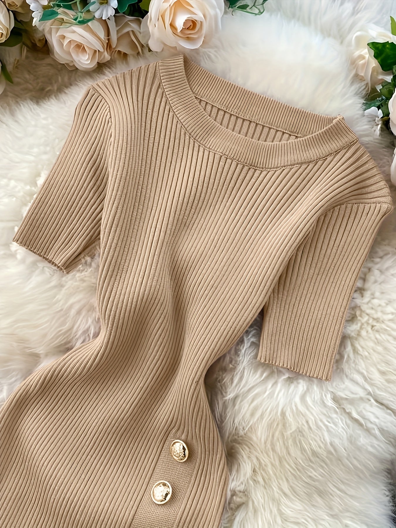 Sophisticated Gatherings] Elegant Beige Ribbed Knit Midi Dress with Side Slit and Button Detail - Short Sleeve, Round Neck, Stretchy Viscose Blend, Perfect for Sophisticated Evenings, Elegant Event Dress|Midi Length Dress|Lux