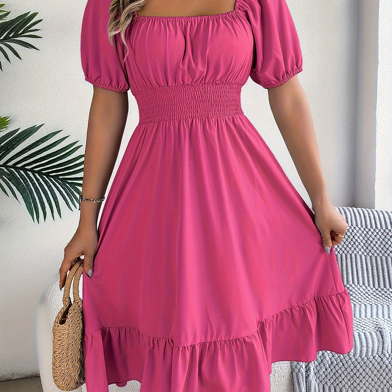 1pc Women'S Elegant Square Neck Short Sleeve A-Line Dress with Ruffle Detail, Polyester Woven Fabric, Solid Color, Spring/Summer/Autumn Collection