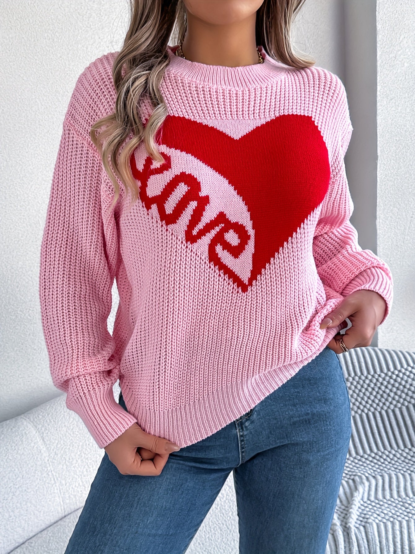 Cozy Love Heart Long Sleeve Pullover Sweater - Casual Vacation Style, 100% Acrylic, Round Neck, Non-Transparent with Geometric/Letter Pattern, Perfect for Fall/Winter
