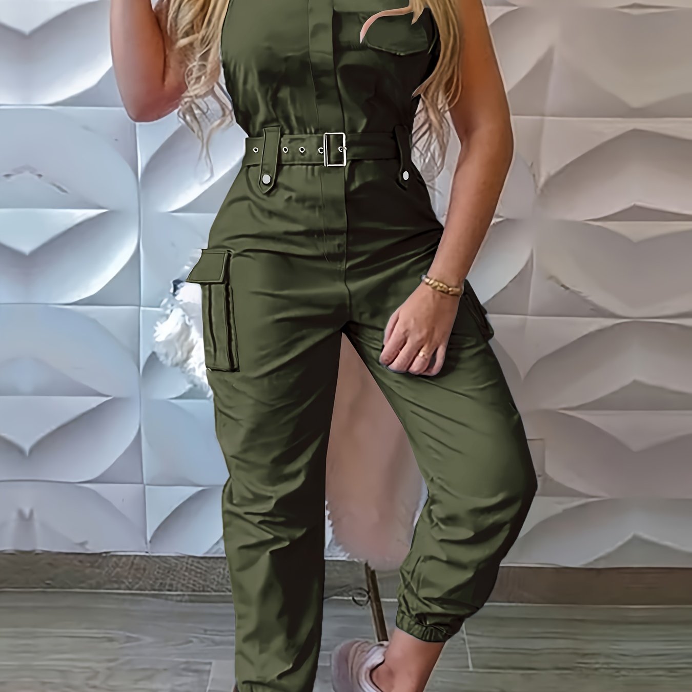 Solid Flap Pocket Cargo Jumpsuit with Belted Detail, Sleeveless Women's Casual Jumpsuit