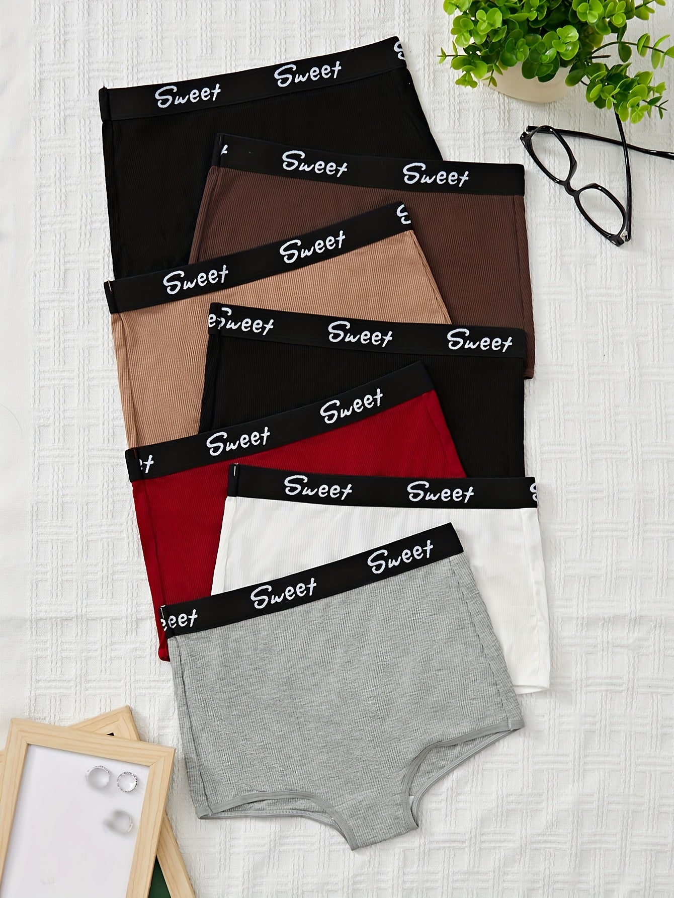 7pcs Letter Print Trim Boyshorts - Sexy Bikinis with Comfy Breathable Stretchy Fabric, Soft Lingerie & Underwear for Women - Perfect Intimates for Everyday Wear
