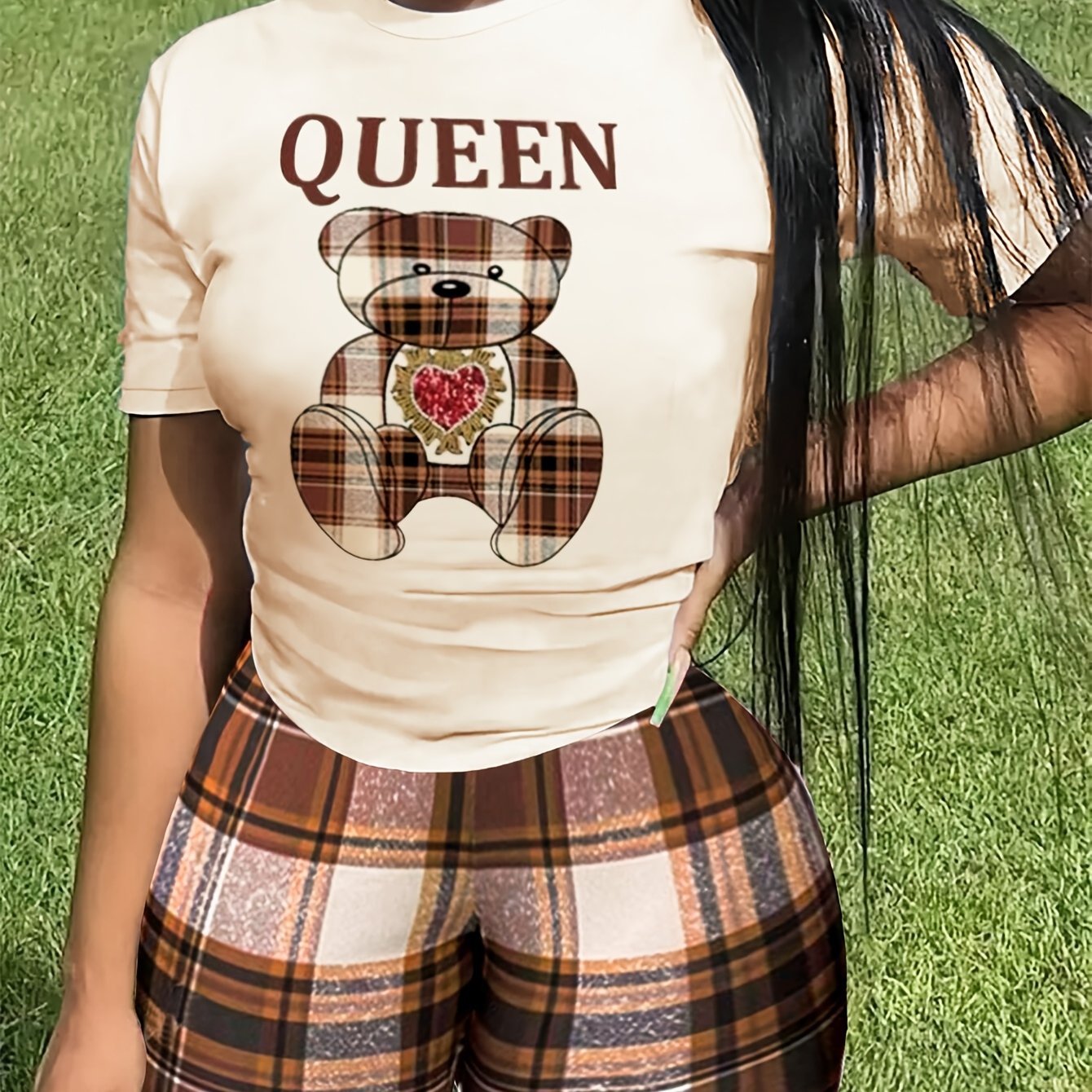 2pcs Women's Casual Round Neck Short Sleeve Top And Striped Shorts Set - Bear Print, Smooth Polyester Fabric, 180g/m² - Spring/Summer Essentials | Machine Wash, Medium Stretch | No Lining