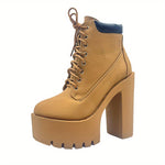 Women's Chunky Heeled Short Boots - Round Toe Lace Up High Heels, Solid Color Waterproof Platform Shoes - For Women - Suitable for Parties, Night Out, Dates - Perfect Gift for Fashionable Women