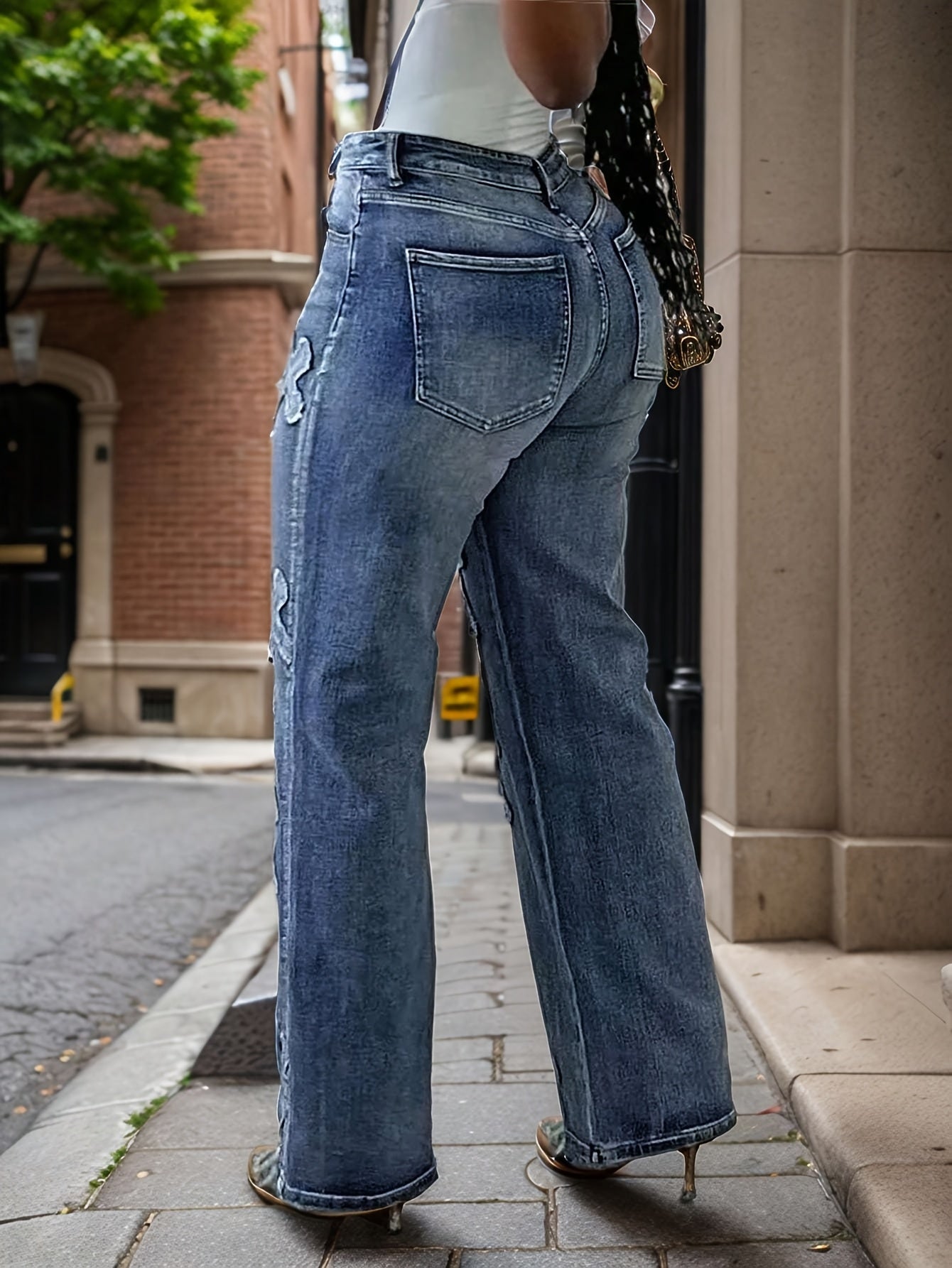 Womens Embroidered Straight Leg Jeans With Button Zipper Pockets Elegant Design Comfortable Fit Stylish Denim Trousers For Everyday Wear Fashionable Casual Outfit For Women