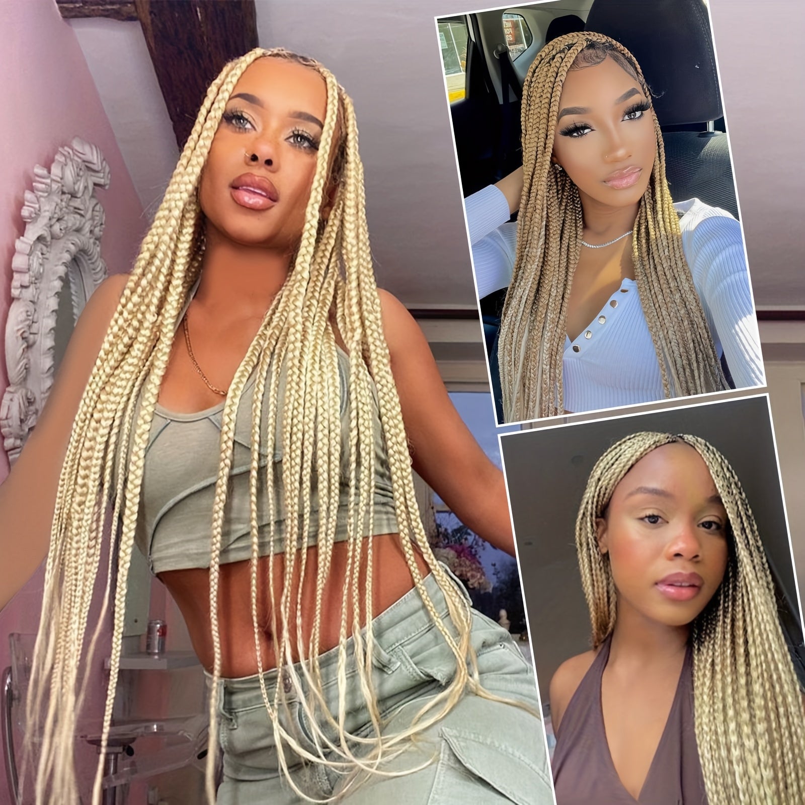 360°HD Full Lace Square Knotless Braided Wigs For Women 36 Inch Box Braid Wig With Baby Hair Blended Braided Lace Front Wig Honey Blonde With Light Blonde Ends Hand Braid Wigs