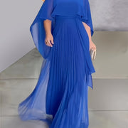 Elegant Solid Color Round Neck Pleated Fake Two-Piece Long Swing Dress