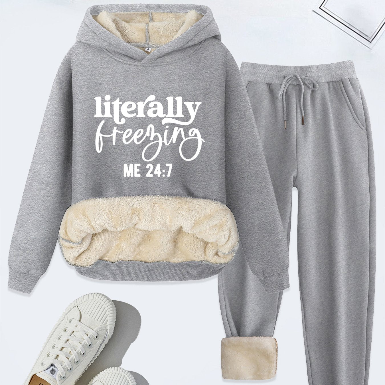 Cozy Plush Letter Print Hoodie & Pants Set for Women - Casual Knitwear, Machine Washable, Perfect for Fall/Winter