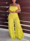 Elegant V-Neck High-Waist Wide Leg Two-Piece Set with Ruched Detail - Sexy Corset & Strapless Top, Polyester Blend, Perfect for Spring/Summer, Chic Outfit|Vneck Top|Polyester Blend