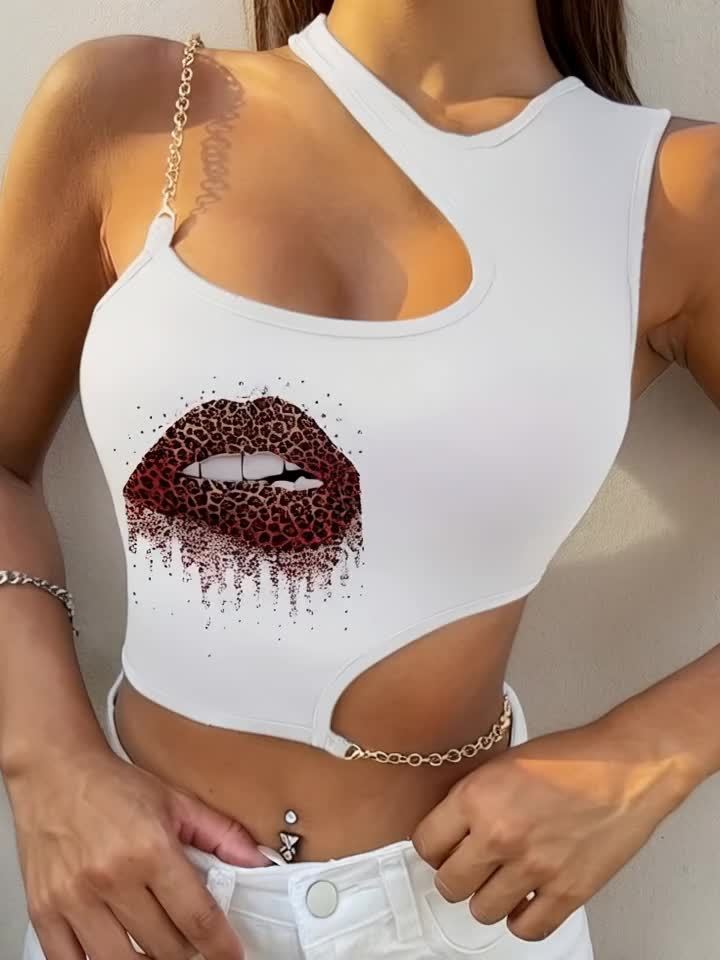 Lips Print Chain Strap Asymmetrical Tank Top, Casual Stylish Slim Fit Crop Top For Spring & Summer, Women's Clothing