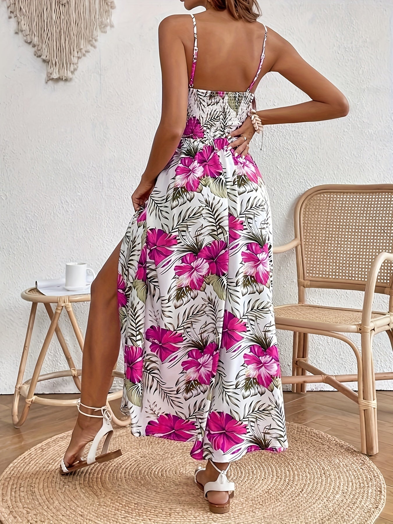 Floral Print Spaghetti Strap Dress - Elegant Sleeveless Split Dress For Spring & Summer - Women's Clothing -  For Women - Perfect for Parties & Casual Occasions - Ideal Gift for Her