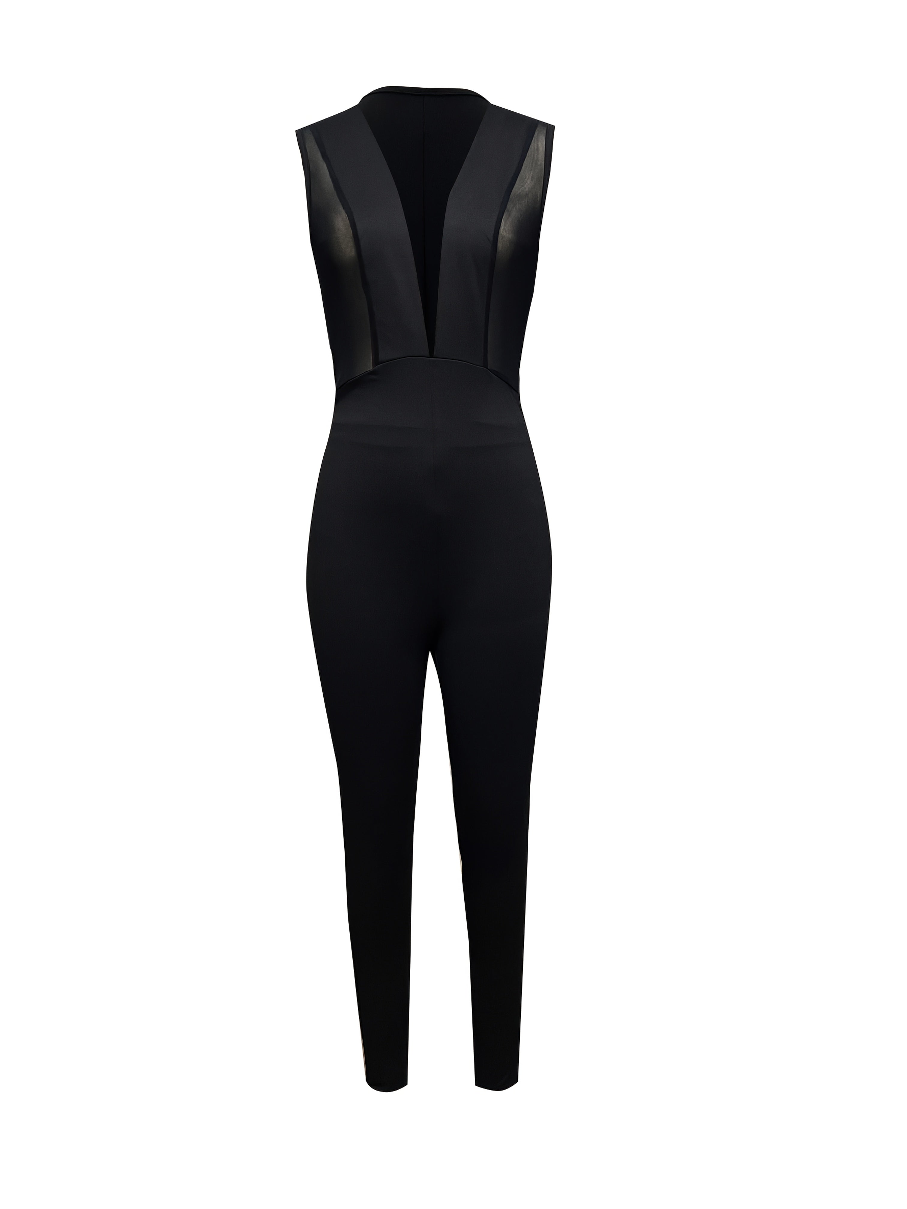 Women'S Sexy Deep V-Neck Bodysuit with Mesh Detail - Black Polyester, Bodycon Style, Perfect for Spring/Summer Events, Adult Fashion, Bodycon Jumpsuit | Sexy Vneck Jumpsuit | Polyester Bodysuit