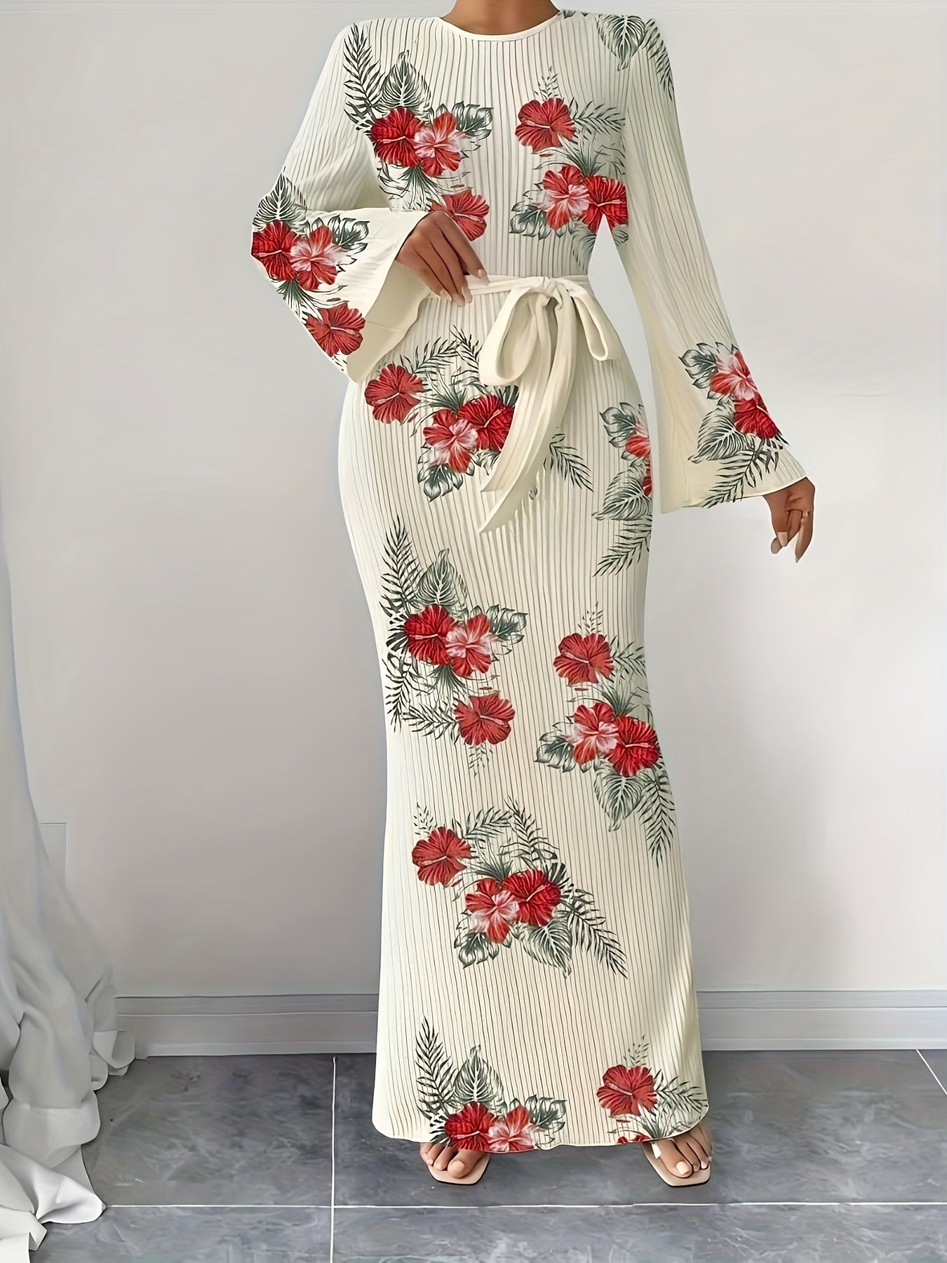 Elegant Women's Floral Maxi Dress with Pleated Fabric - Flared Long Sleeves, Round Neck, Belted Waist, Ribbed Detail - Polyester, Non-Sheer - Perfect for Fall/Winter, Stylish Layering Piece|Pleated Fabric Gown|Polyester Dress