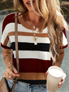 Women'S Casual Patchwork Knit Sweater - Short Sleeve Crew Neck, Color Block Design with Black, White, and Brown Stripes, Perfect for Spring & Fall, Ladies Sweaters