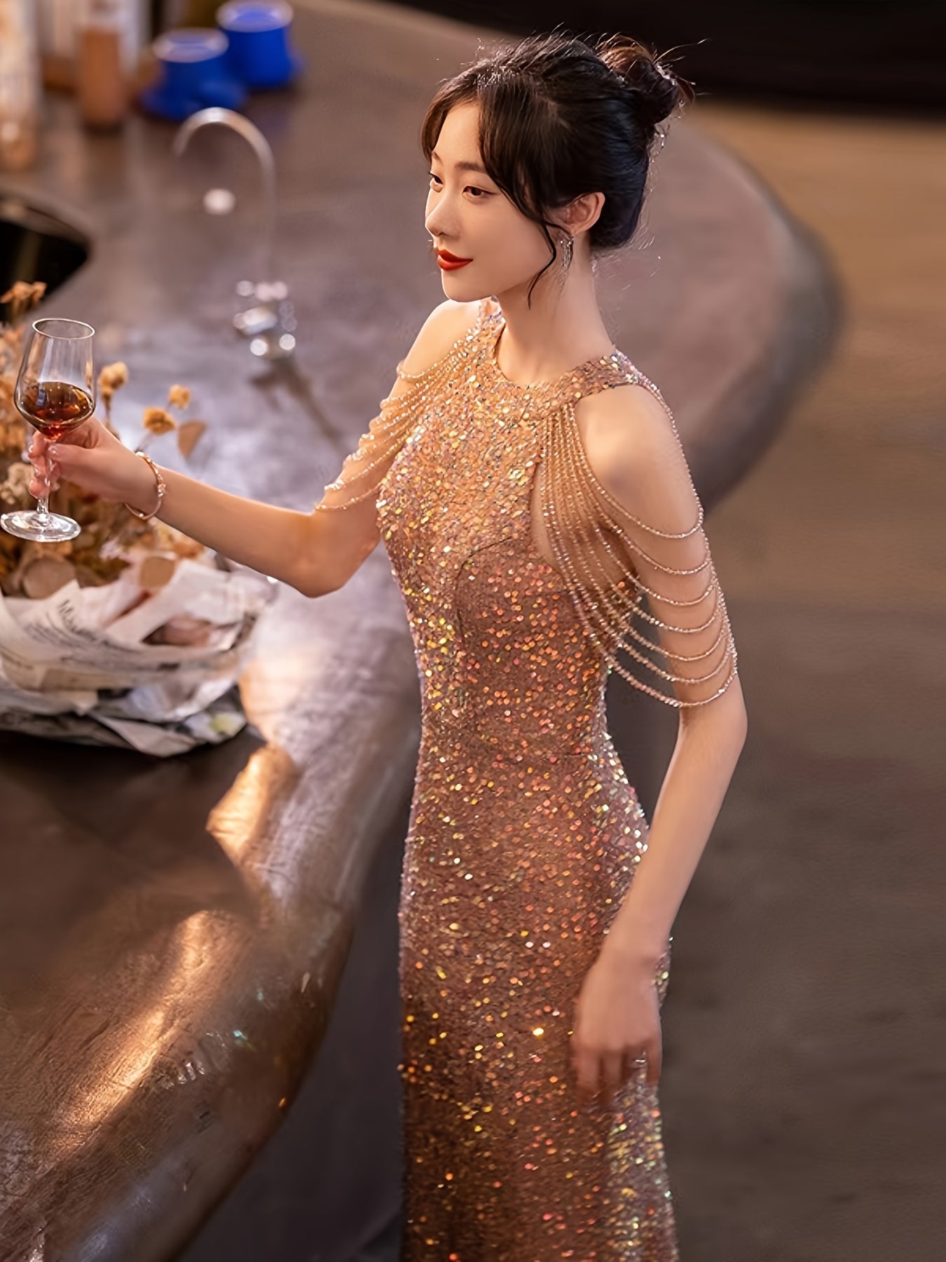 V-Neck Bodycon Long Evening Gown, Luxury Birthday Party Dress, Knit Fabric, Zipper, Solid Color, All-Season, for Adult Women