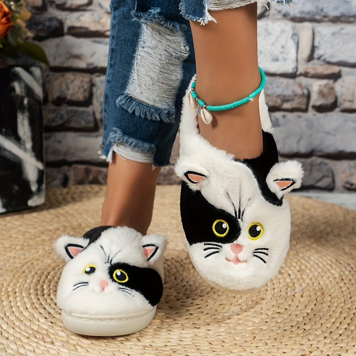Cute Cartoon Cat Design Slippers, Casual Slip On Plush Lined Shoes, Comfortable Indoor Home Slippers
