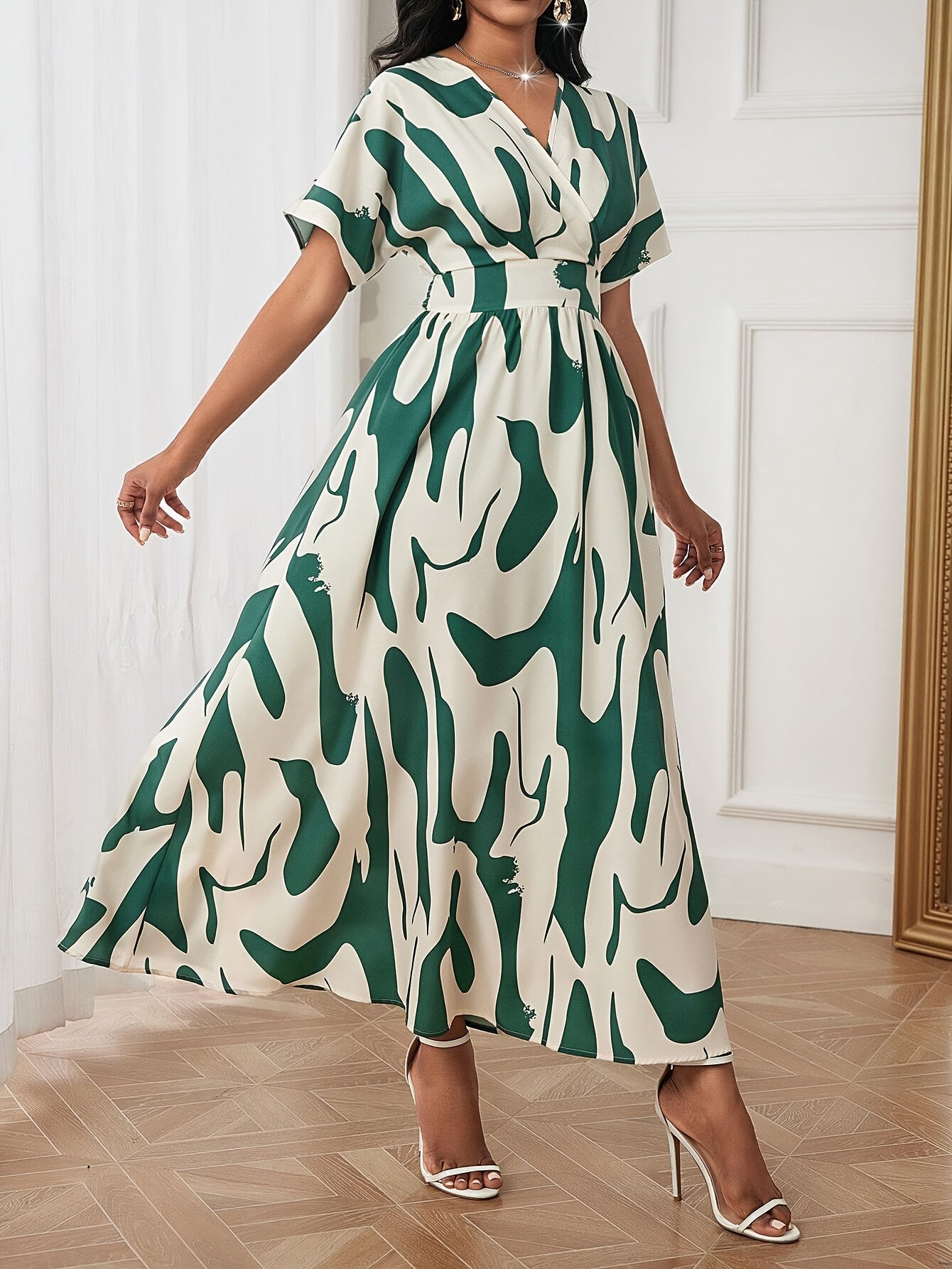 Vibrant Colorblock A-line Dress - Elegant Women's Spring & Summer Dresses with Cinched Waist, V Neck, Short Sleeves, and Flared Hem - Perfect for Outdoor Activities and Casual Events