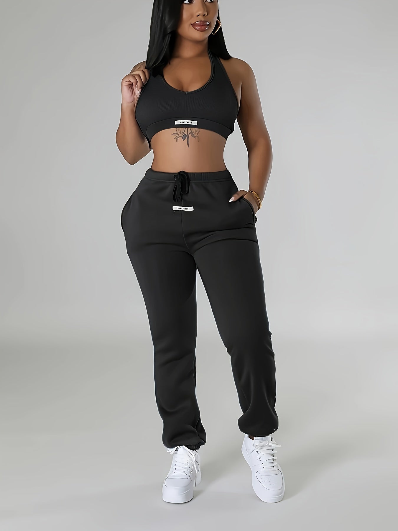 Chic Women's Halter Neck Backless Crop Top & High-Waist Jogger Set - Stretchy Polyester/Spandex Blend, Machine Washable, Casual Solid Color, Perfect for Fall/Winter